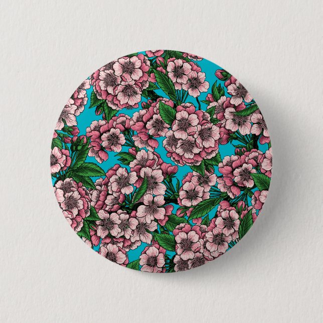 Cherry blossom on blue 6 cm round badge (Front)