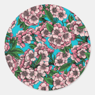 Cherry blossom on blue classic round sticker