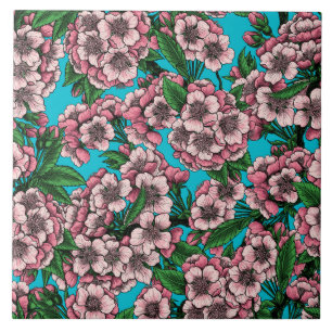 Cherry blossom on blue tile