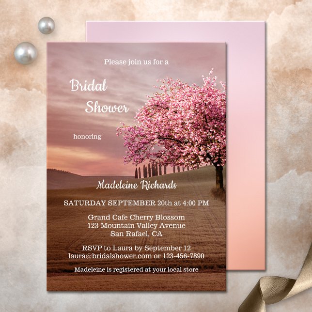 Cherry Blossom Orchard Bridal Shower Invitation (Bridal shower invitation featuring a fantasy landscape painting with a blossoming cherry tree)