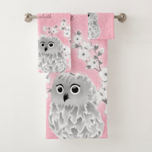 Cherry Blossom Owl White Pink Glitter Monogram Bath Towel Set