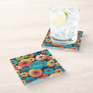 Cherry blossom Pastel Colourful Personalised Patte Glass Coaster