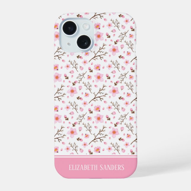 Cherry Blossom Pattern in pink tones iPhone 15 Case (Back)