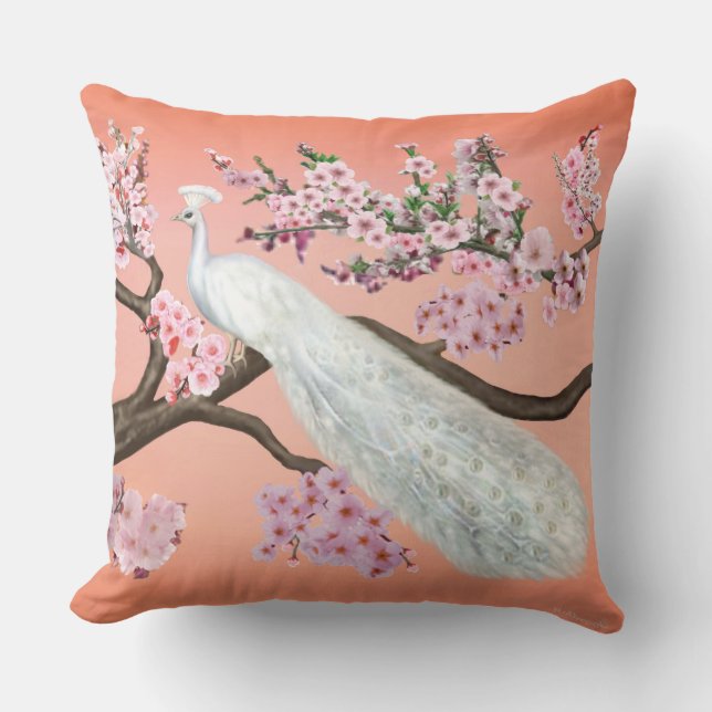 Cherry Blossom Peacock Outdoor Cushion (Front)