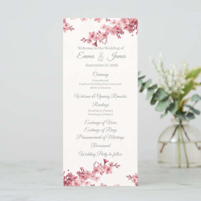 Cherry Blossom Personalised Wedding Program Templ. Programme (Standing Front)