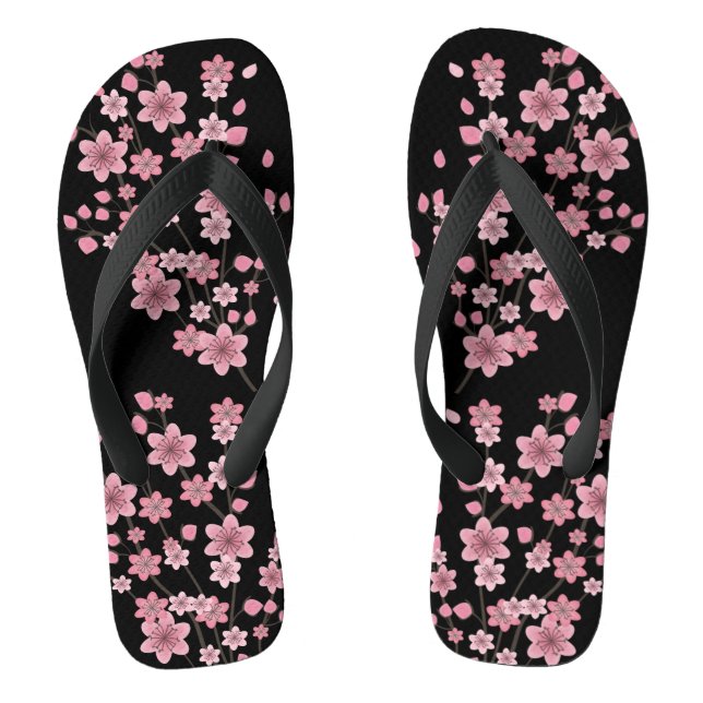 Cherry Blossom Petals Trees Pink Black Jandals (Footbed)