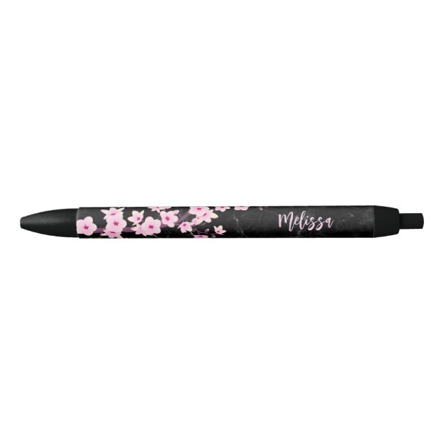 Cherry Blossom Pink Black Marble Monogram Black Ink Pen (Front)