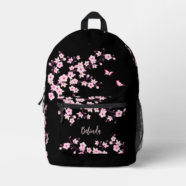 Cherry Blossom Pink Black Monogram Printed Backpack (Front)