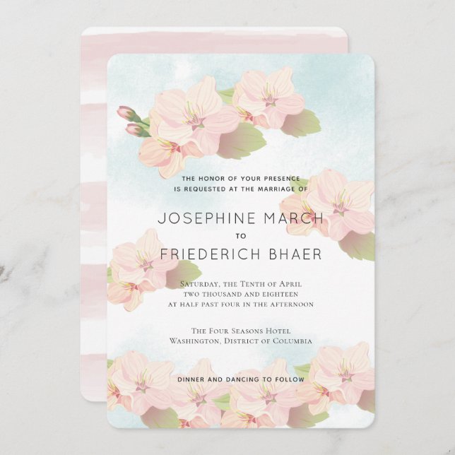 Cherry Blossom Pink Blue Watercolor Invitation (Front/Back)
