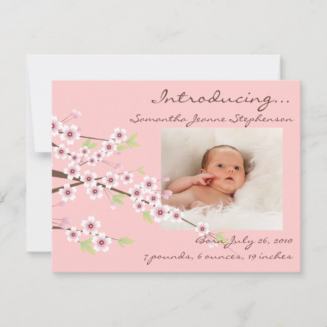 Cherry Blossom Pink & Brown Baby Girl Photo Birth Announcement (Front)