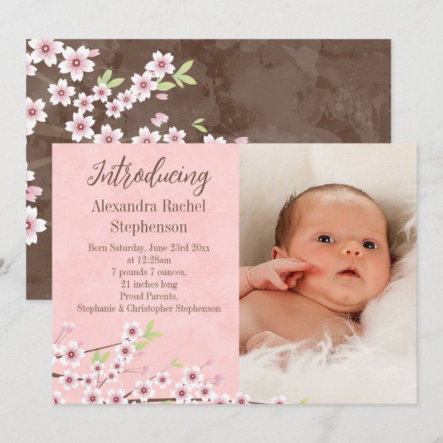 Cherry Blossom Pink & Brown Baby Girl Photo Birth Announcement (Front/Back)
