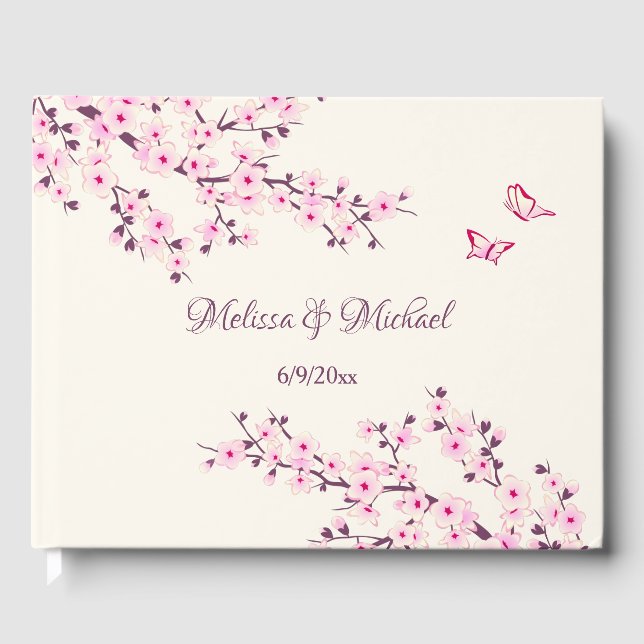 Cherry Blossom Pink Cream Wedding Guest Book (Front)