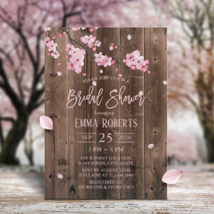 Cherry Blossom Pink Floral Barn Wood Bridal Shower Invitation