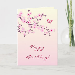Cherry Blossom Pink Floral Happy Birthday Card