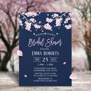 Cherry Blossom Pink Floral Navy Bridal Shower Invitation
