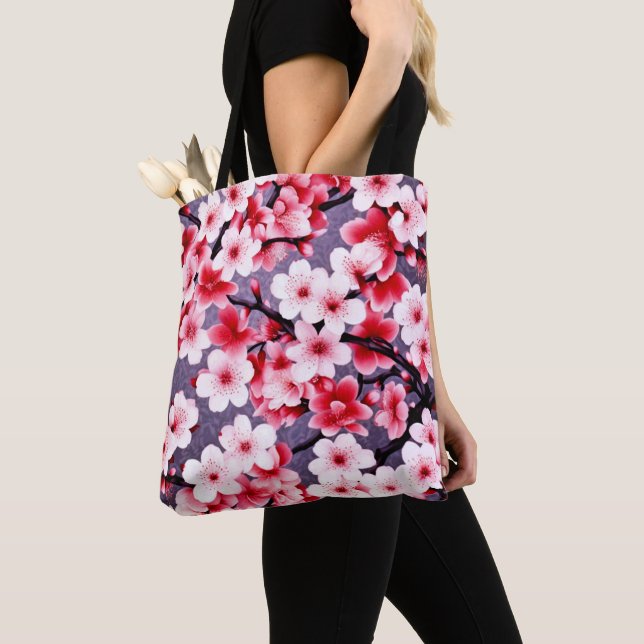 cherry blossom pink floral pattern tote bag (Close Up)