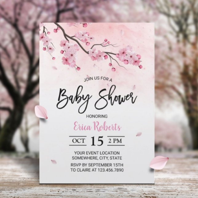 Cherry Blossom Pink Floral Watercolor Baby Shower Invitation (Creator Uploaded)