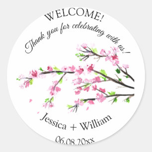 Cherry Blossom Pink Floral Watercolor Wedding Classic Round Sticker