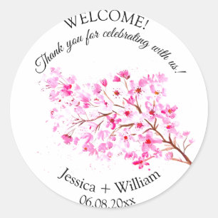 Cherry Blossom Pink Floral Watercolor Wedding Classic Round Sticker