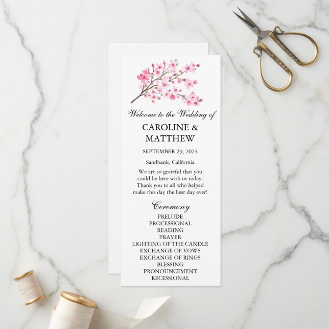 Cherry Blossom Pink Floral Watercolor Wedding  Programme (Front/Back In Situ)