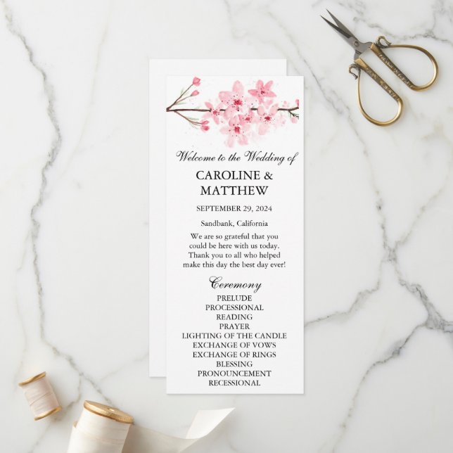 Cherry Blossom Pink Floral Watercolor Wedding  Programme (Front/Back In Situ)