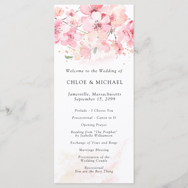 Cherry Blossom Pink Floral Wedding Programme (Front)