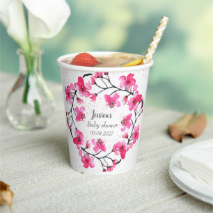 Cherry Blossom Pink Flowers Baby Shower Girl Paper Cups