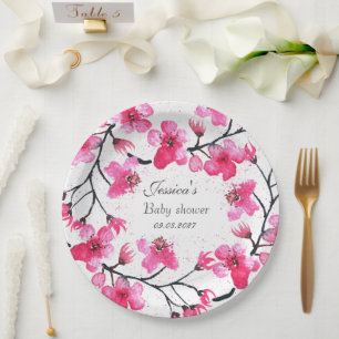 Cherry Blossom Pink Flowers Baby Shower Girl Paper Plate