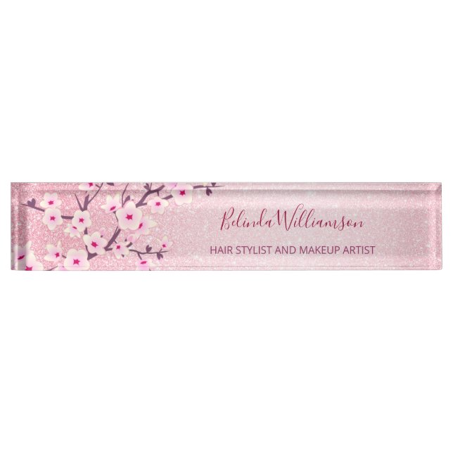 Cherry Blossom Pink Glitter Hair And Makeup  Nameplate (Front)
