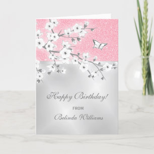 Cherry Blossom Pink Glitter Silver Custom Birthday Card