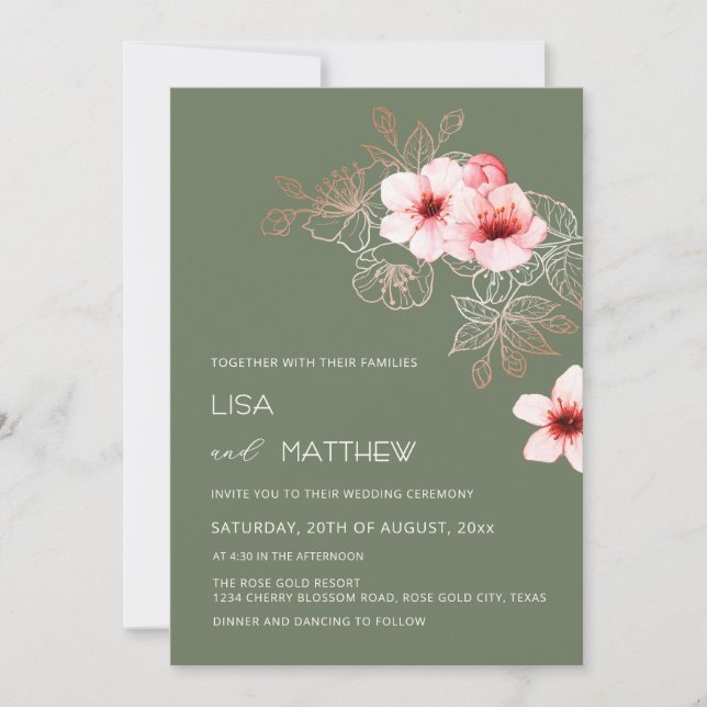 Cherry Blossom Pink Green Wedding Invitation (Front)