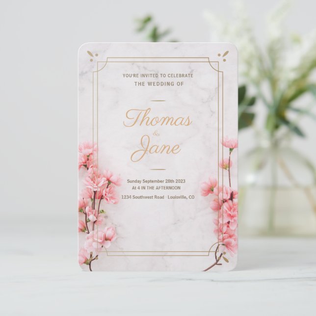 Cherry Blossom Pink Marble Wedding Invitation (Standing Front)