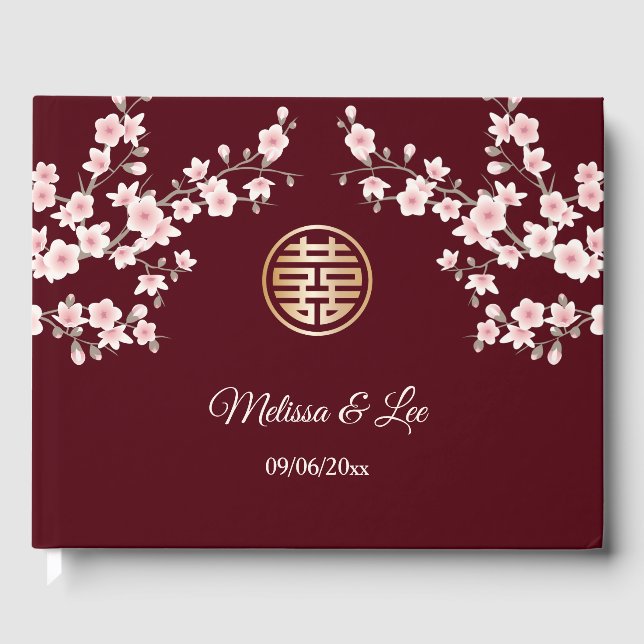 Cherry Blossom Pink Maroon Chinese Wedding Guest Book (Front)