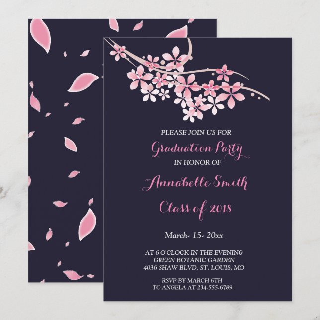 Cherry Blossom Pink navy   floral Graduation Party Invitation (Front/Back)