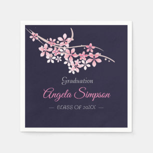 Cherry Blossom Pink navy  floral Graduation Party Napkin
