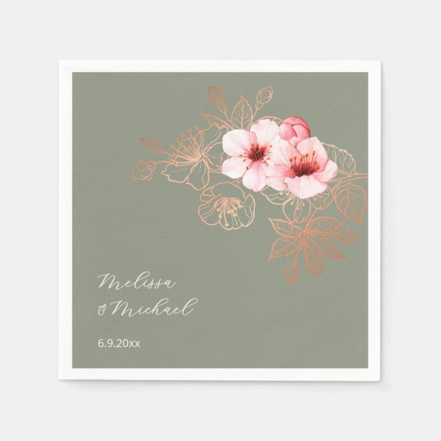 Cherry Blossom Pink Sage Green Wedding Napkin (Front)