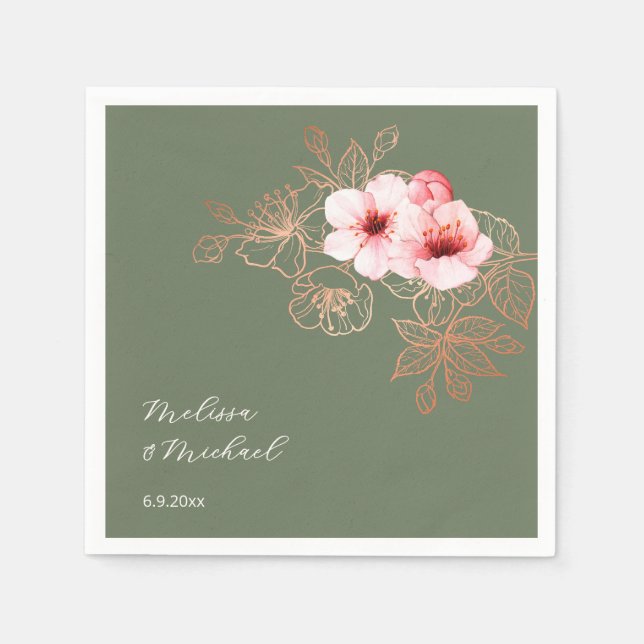 Cherry Blossom Pink Sage Green Wedding Napkin (Front)