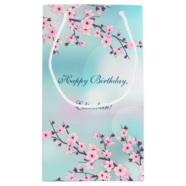 Cherry Blossom Pink Turquoise Custom Birthday  Small Gift Bag (Back)