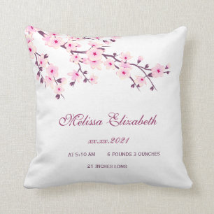 Cherry Blossom Pink White Baby Girl Birth Stats Cushion