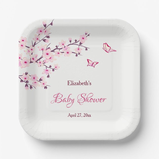 Cherry Blossom Pink White Baby Shower   Paper Plate (Front)
