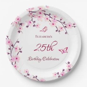 Cherry Blossom Pink White Birthday Paper Plate