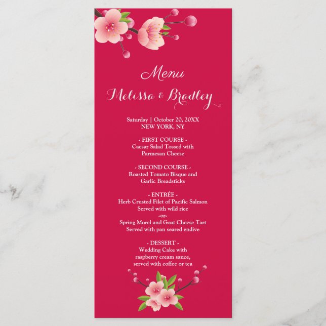Cherry Blossom Pink White  flora  Wedding Menu (Front)