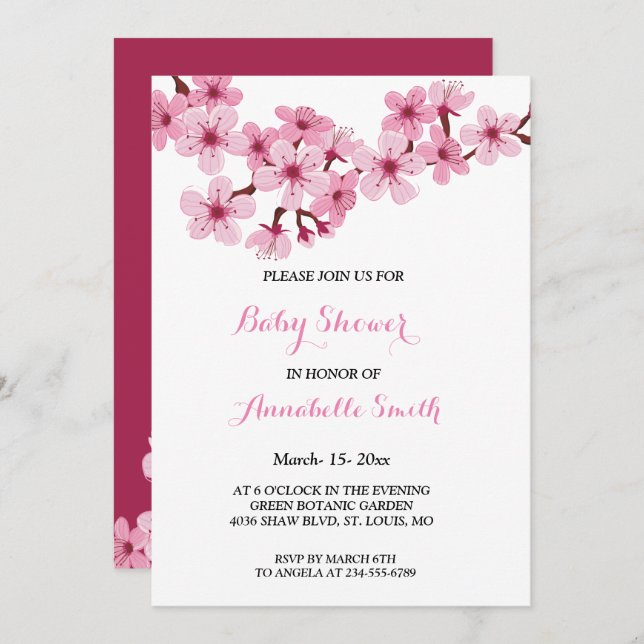 Cherry Blossom Pink White floral Baby Shower Invitation (Front/Back)