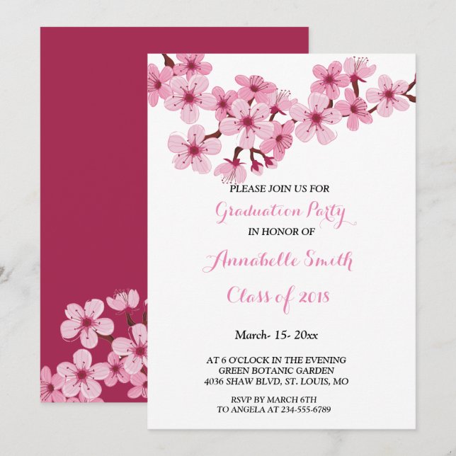 Cherry Blossom Pink White floral Graduation Party Invitation (Front/Back)