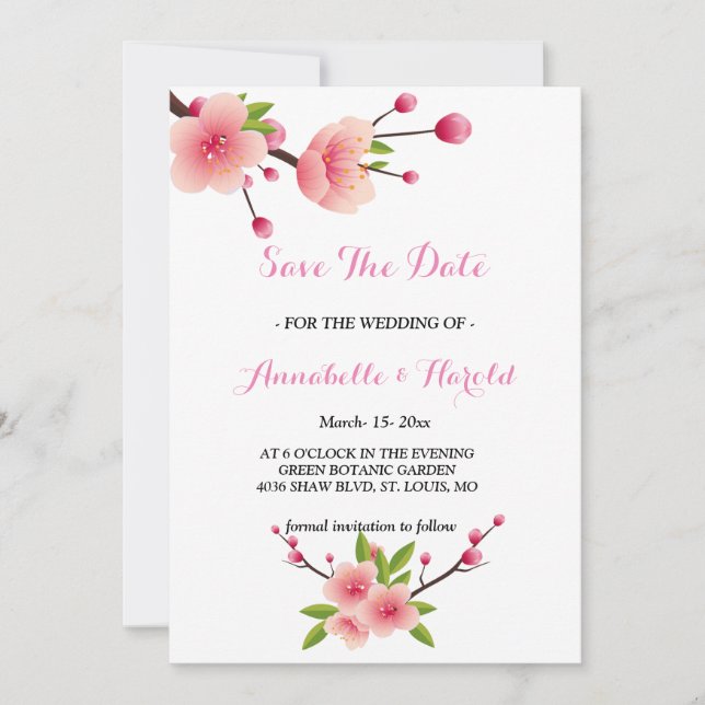 Cherry Blossom Pink White  floral save the date (Front)