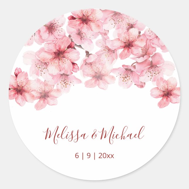 Cherry Blossom Pink White Wedding Classic Round Sticker (Front)