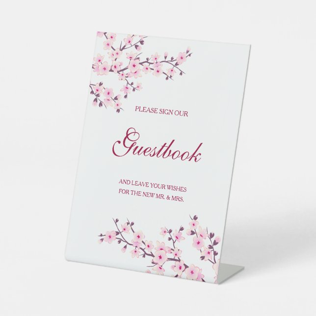 Cherry Blossom Pink White Wedding Guestbook  Pedestal Sign (Front)