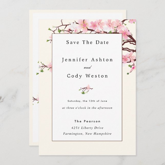 Cherry Blossom Pink White Wedding Invitation Beige (Front/Back)