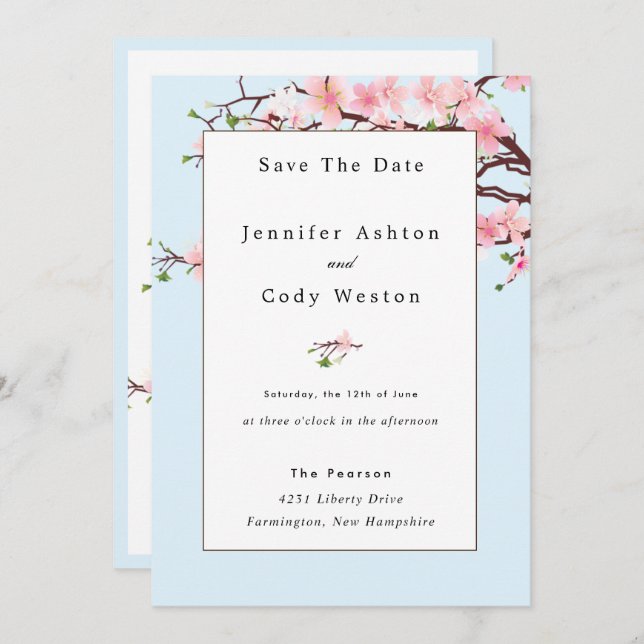 Cherry Blossom Pink White Wedding Invitation Blue (Front/Back)