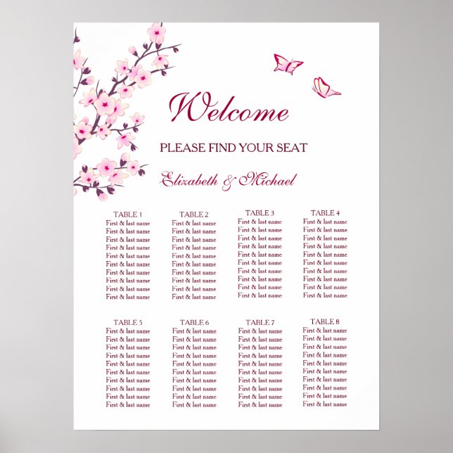 Cherry Blossom Pink White Wedding Seating Chart (Front)